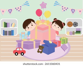Joyful kids surrounded by presents on Children's Day celebration