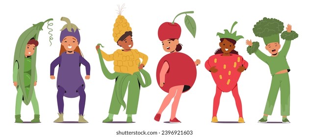 Joyful Kids In Vibrant Vegetable Costumes. Broccoli, Eggplant, Corn Cob or Green Peas, Strawberry or Cherry Characters Add Healthy And Playful Twist To Celebration. Cartoon People Vector Illustration