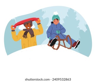 Joyful Kids Zoom Down Snowy Slopes, Laughter Echoing In The Crisp Air. Bright Sleds Carve Trails, Leaving Behind Memories Of Winter Fun And Rosy-cheeked Delight. Cartoon People Vector Illustration