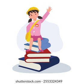 alegre menina do jardim de infância saudação sentada em grande pilha de livros com grande sorriso