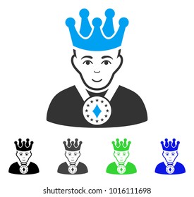 Joyful King vector pictograph. Vector illustration style is a flat iconic king symbol with grey, black, blue, green color variants. Human face has happiness expression.