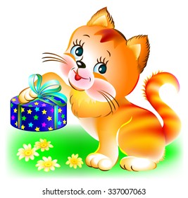 Joyful kitten holding a present, image vector cartoon. 