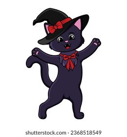 A joyful kitty in anticipation of Halloween. Cat in witch's hat and with red bow. Isolated vector illustration