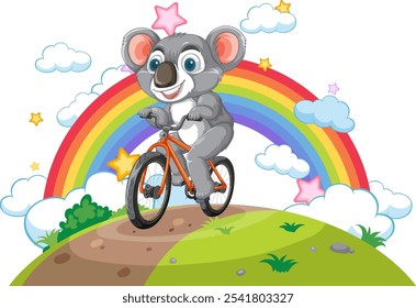 A joyful koala cycling beneath a colorful rainbow