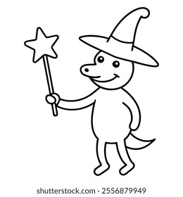 A joyful kobold character holding a magical wand, in vector illustration and clipart style.