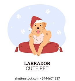 A joyful Labrador Retriever lying in a New Year's hat, sticking out his tongue, on a red pillow. Vector illustration of a happy dog, perfect for a pet-themed design