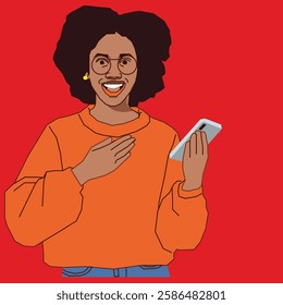 Joyful lady placing her hand on her chest while holding a cell phone.
