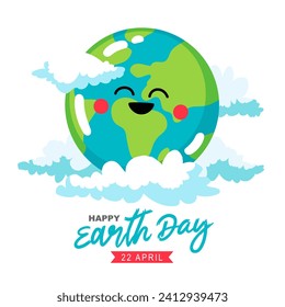 Joyful laughing planet Earth in the clouds. Happy Earth Day, April 22nd. Design elements for a postcard, banner or poster. Vector illustration on a white background.