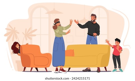 Joyful Laughter Echoes As Family Plays Hide-and-seek At Home. Giggles And Excitement Fill The Air As They Search For Each Other, Creating Cherished Moments Of Togetherness And Fun. Vector Illustration