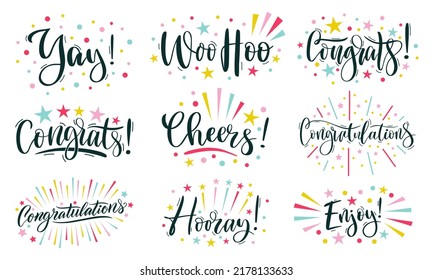 Joyful lettering. Congratulations text, cheers and hooray calligraphic inscription. Congrats, enjoy and woo hoo template with rays and sparkles vector set. Yay and enjoy exclamations with confetti