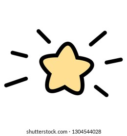 Joyful light yellow star clip art. Sky object with shiny symbolic lines around. Cute rounded isolated illustration with black strokes. For kids cartoon style icon. Simple childish for night bedtime
