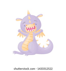 Joyful lilac dragon. Vector illustration on white background.
