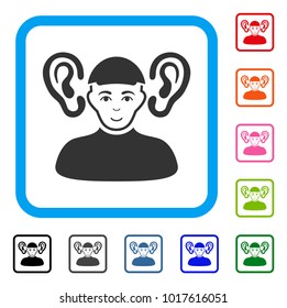 Joyful Listener Guy vector pictograph. Human face has enjoy emotions. Black, gray, green, blue, red, pink color variants of listener guy symbol inside a rounded frame.