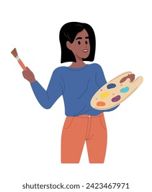 Joyful little African American girl with paint palette and brush on white background.