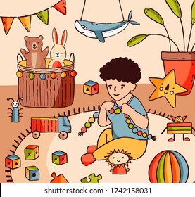 Joyful little baby boy playing with colorful toy at nursery room vector flat illustration. Smiling child sitting on floor at playroom with childish decor. Happy male kid having good time at home