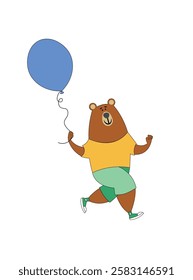 Joyful little bear stands with birthColor vector illustration is depicted on a white background in a flat style. A teddy bear with balloons is invited to the party.