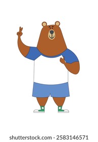 The joyful little bear stands and shows that everything is hello. Color vector illustration is depicted on a white background in flat style. Teddy bear in sportswear. Vector illustration