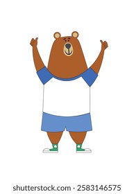 The joyful little bear stands and shows that everything is fine. Color vector illustration is depicted on a white background in flat style. Teddy bear in sportswear. Vector illustration