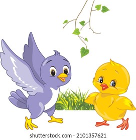 Joyful little bird and happy chick. Vector