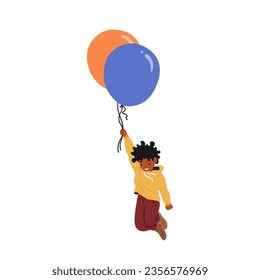 El alegre personaje de niño pequeño se expande por el cielo con globos coloridos. Su Risa Se Mezcla Con El Viento Mientras Se Embarca En Una Aventura Encantadora Entre Las Nubes. Ilustración de vectores de personas de caricatura