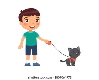 A joyful little boy is holding a cute black kitten on a harness. The concept of friendship with pets. Cartoon characters isolated on white background. Flat vector color illustration. 