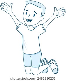 Joyful little boy jumping with raised hands illustration