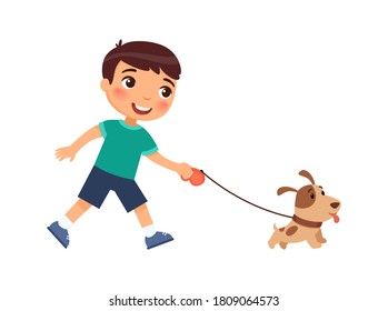 Joyful little boy is walking on a leash of a cute puppy. The concept of friendship with pets. Cartoon characters isolated on white background. Flat vector color illustration. 