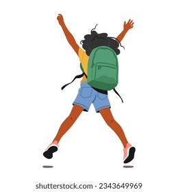 Joyful Little Child Character with Backpack On the Back, Joyfully Jumping with Hands Up, Rear View. Their Excitement Evident As They Embark On A New Adventure. Cartoon People Vector Illustration