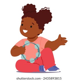 Joyful Little Child, Radiating Happiness, Sits On The Floor, Engrossed In Play, Rhythmically Tapping A Tambourine, Black Girl Character Learning World Of Music. Cartoon People Vector Illustration