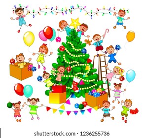 Joyful little children decorate the Christmas tree. A group of cheerful, smiling children on a white background.

