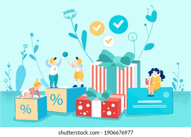 Joyful Little Children Flat Vector Illustration. Boys and Girls, Toddlers Cartoon Character. Tiny Preschoolers with Gift Boxes. Shopping Event, Kids Store Sale Promo Campaign, Advertisement Concept
