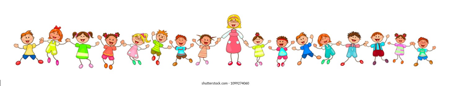 Joyful little children and a teacher. A group of children with a teacher on a walk. Group of cheerful, smiling children on a white background. Cartoon joyful children. 