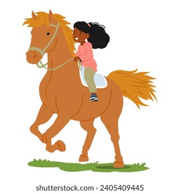 Joyful Little Girl, Character Her Laughter Echoing, Rides A Spirited Horse Through A Sunlit Summer Field, The Vibrant Green Grass Stretching Endlessly Beneath. Cartoon People Vector Illustration