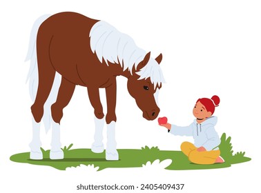 Joyful Little Girl Extends An Apple To A Gentle Horse In A Sunlit Summer Field, Their Connection Framed By Vibrant Greenery, Creating A Heartwarming Countryside Scene. Cartoon Vector Illustration