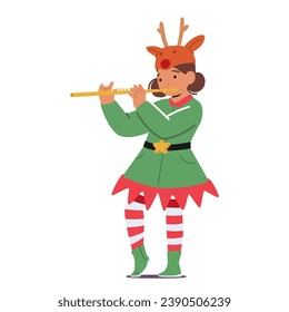 Joyful Little Girl In Festive Christmas Costume of Elf with Reindeer Antlers Plays A Cheerful Tune On The Flute, Spreading Holiday Spirit With Every Melodious Note. Cartoon People Vector Illustration