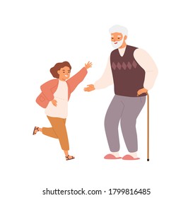 Joyful Little Girl And Grandfather Having Fun Together Vector Flat Illustration. Happy Grandchild Running And Hugging, Visit Smiling Grandpa Isolated On White. Family Enjoying Meeting