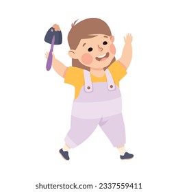 Joyful little girl holding scoop. Happy kid playing toys cartoon vector illustration