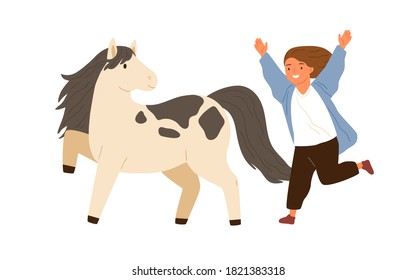 Joyful little girl running to hug adorable pony vector flat illustration. Smiling female child happy to meeting animal friend isolated on white. Cute kid and small horse enjoying friendship