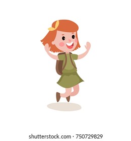 Joyful little girl scout character jumping with hands up isolated on white