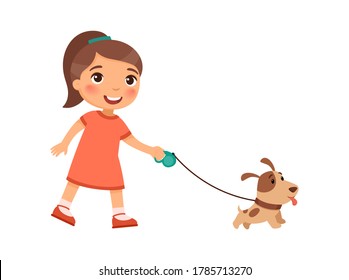 Joyful little girl is walking on a leash of a cute puppy. Concept of friendship with pets. Cartoon characters 