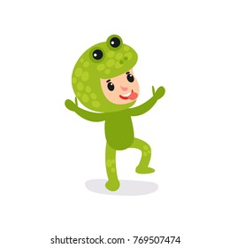 Joyful little kid having fun in green frog jumpsuit. Cartoon child cheerful face expression showing shows tongue. Boy or girl wearing animal costume. Flat vector design