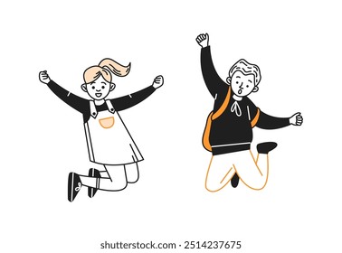 Joyful little kids jump going back to school doodle line and color illustration. Happy junior schoolchildren having fun linear sketch vector person