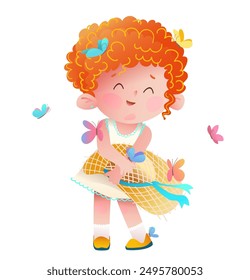 Joyful little redhead girl with summer hat and butterflies, wearing a cute dress. Colorful kindergarten kids character illustration. Vector graphic illustration for children, hand drawn cartoon.