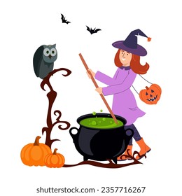 Joyful little witch brewing potion in cauldron. Cute girl wearing purple dress and hat practicing witchcraft. Cartoon Style Halloween Vector Illustration with pumpkins and owl