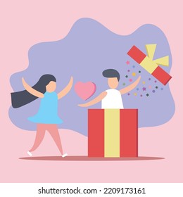 Joyful lovely couple open and send gift box in  valentine's day banner. Decoration for love design for valentine's day festival pink background. Vector illustration paper art style.