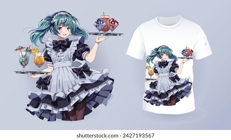 Joyful maid cafe waitress t-shirt color print vector template. Anime woman serving desserts and cocktails character for clothes. Japanese manga