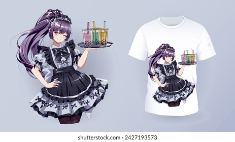 Joyful maid cafe waitress t-shirt color print vector template. Anime woman serving cocktails character for clothes. Japanese manga