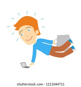 Joyful male businessman freelancer flies with a briefcase in his hand and with a laptop. Vector illustration concept.
