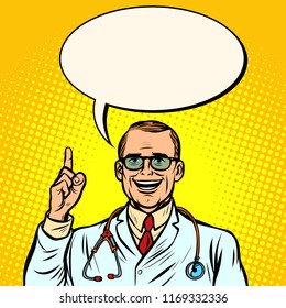 Joyful male doctor. Medicine and health. Comic cartoon pop art retro vector illustration drawing