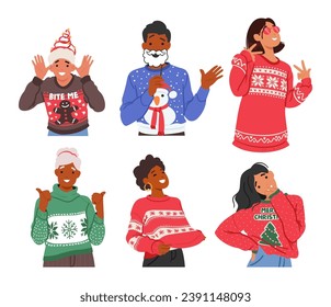 Joyful Male and Female Characters Sporting Festive, Ugly Christmas Sweaters, Striking Cheerful Poses Amid Holiday Merriment, Radiating Seasonal Cheer And Laughter. Cartoon People Vector Illustration